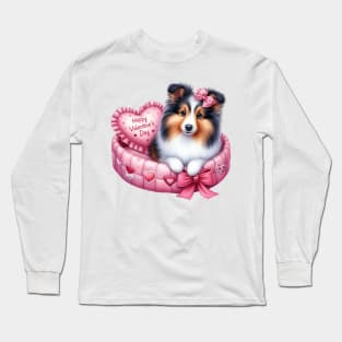 Valentine Shetland Sheepdog in Bed Long Sleeve T-Shirt